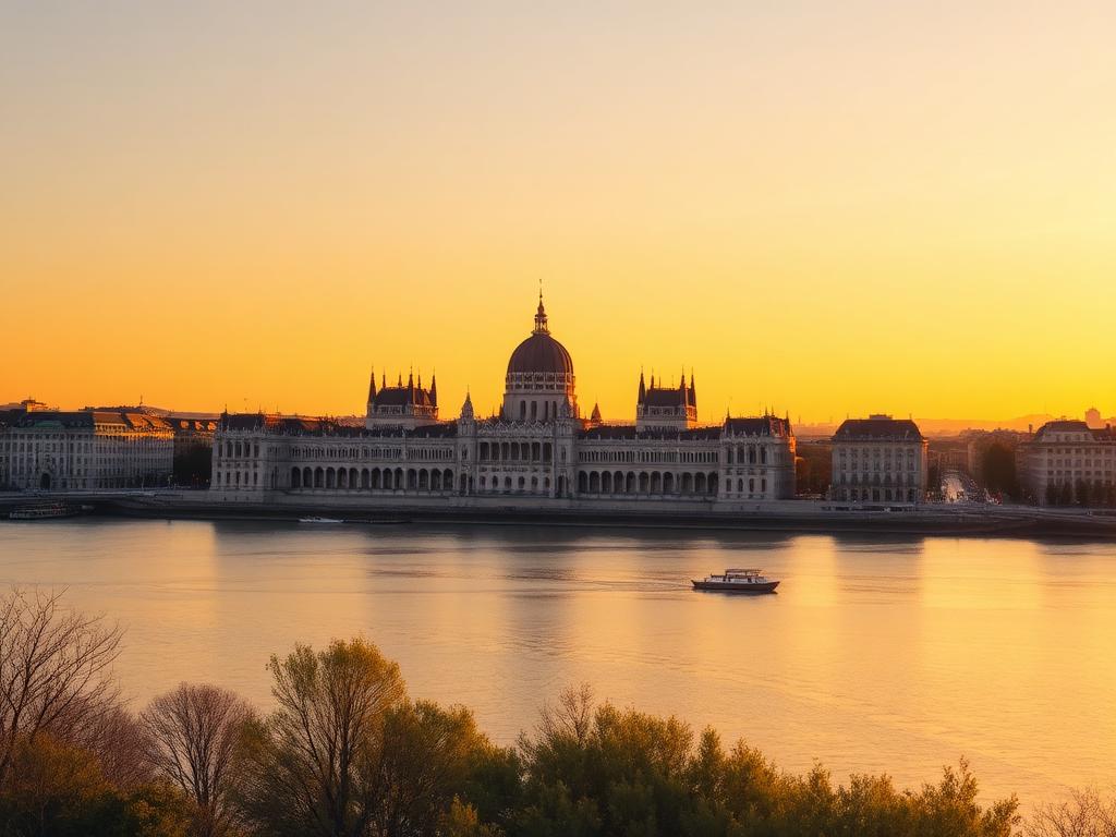 View of the Hungarian Parliament along the Danube at golden hour